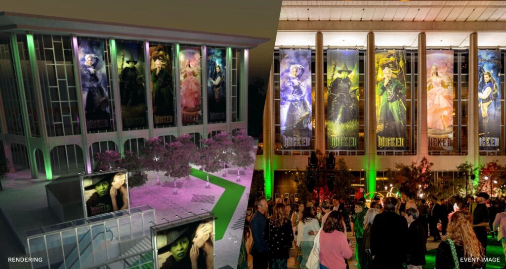 Image split in two. The left half of the image features a rendering of a plaza with big posters of different characters from the Wicked movie. The right side of the image features an actual event image with people dressed up at the plaza ahead of Dorothy Chandler Pavilion. Big poster of the Wicked characters are hanging from the building's cieling.